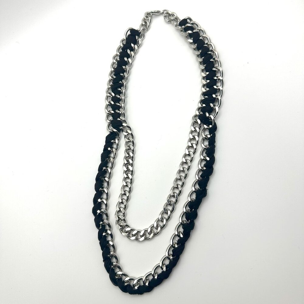 CHUNKY Double Chain Silver Metal and Ribbon Necklace